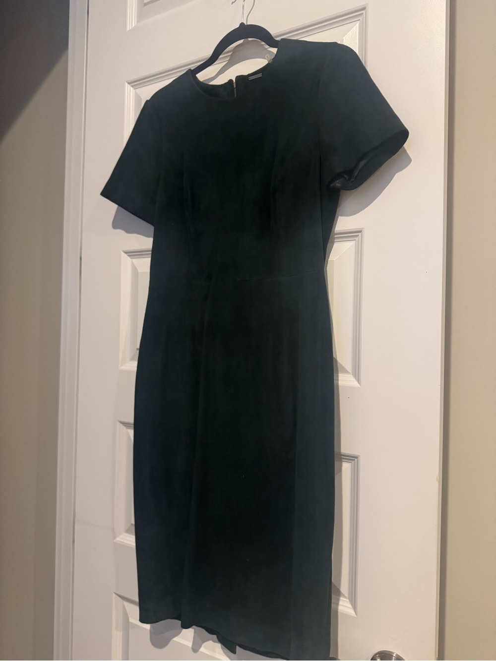 Elie Tahari Forest Green Stretch Suede Sheath Dress with Short Sleeves